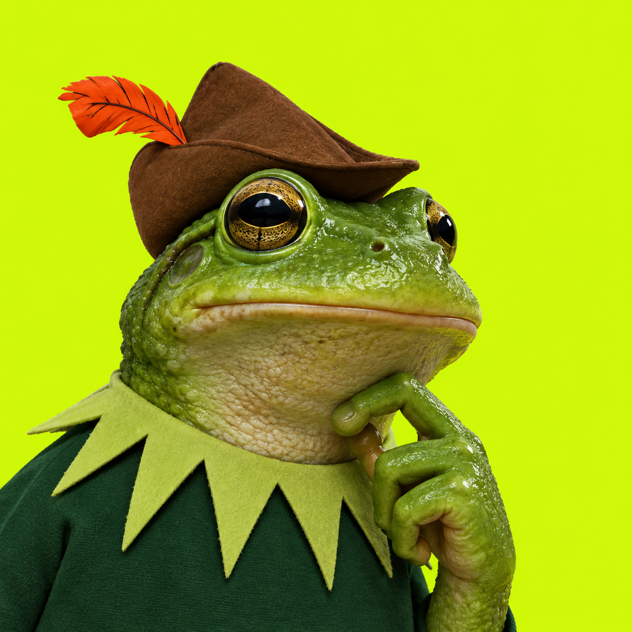 A confident frog dressed as Robin Hood